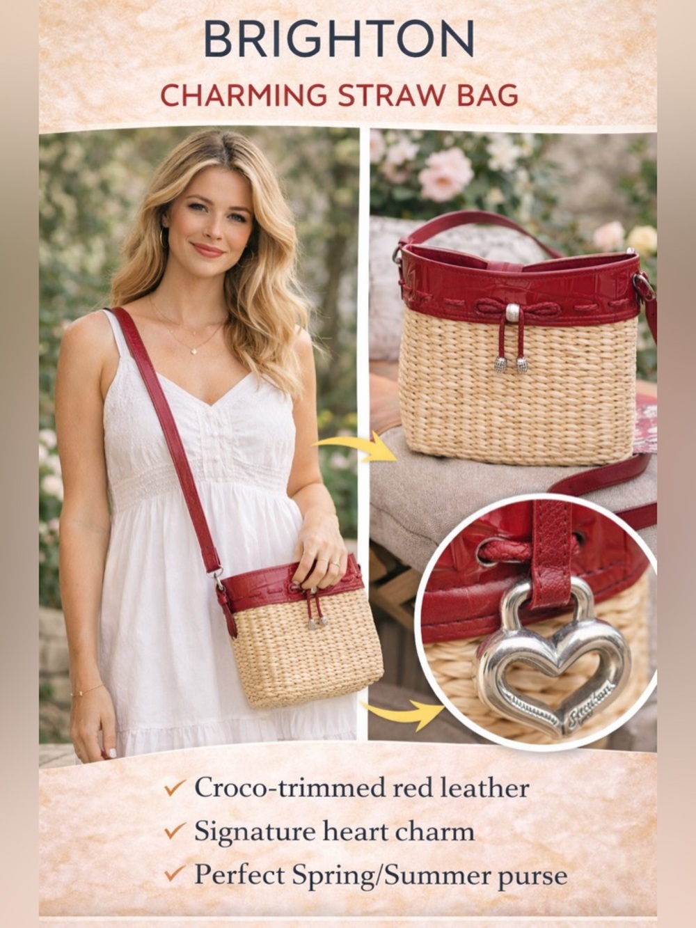 Brighton Woven Straw Tote Emma Red leather Trim model H70027
